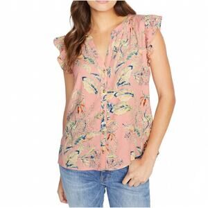 Sanctuary 2X Women Sleeveless Pink Floral Ruffle Cap Sleeves Button V-Neck Shirt